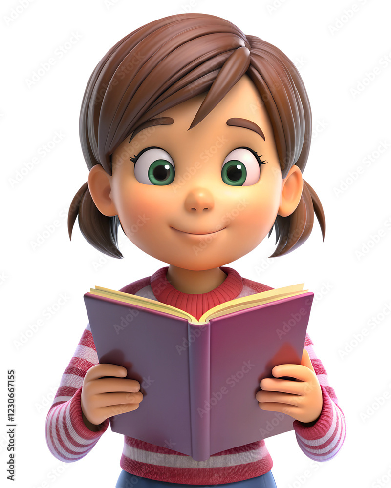 3d cartoon girl reading the book, cut out on the white background, soft focus 3d cartoon girl reading the book, cut out on the white background, soft focus