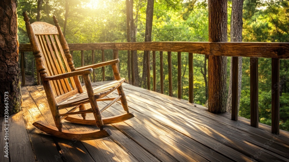 Wooden Rocking Chair on Porch Overlooking Forest Wooden Rocking Chair on Porch Overlooking Forest