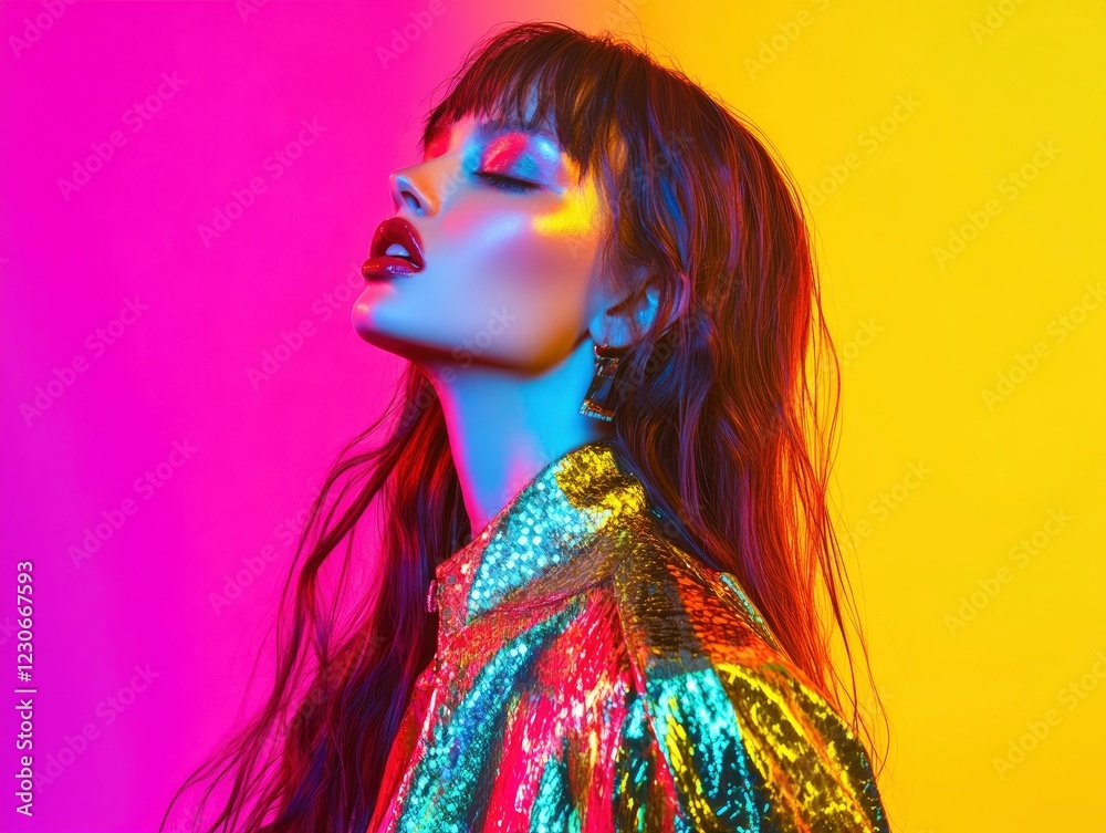 A futuristic fashion portrait of beautiful model with bright, saturated colors, arranged on a vibrant gradient background A futuristic fashion portrait of beautiful model with bright, saturated colors, arranged on a vibrant gradient background