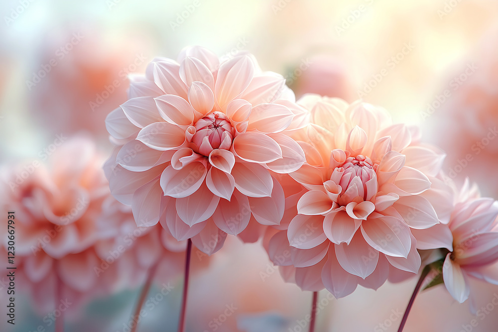 Fototapeta premium Ethereal Pastel Design of Blooming Dahlias and Peonies with Soft Focus and Dreamy Sunlight. Generative AI