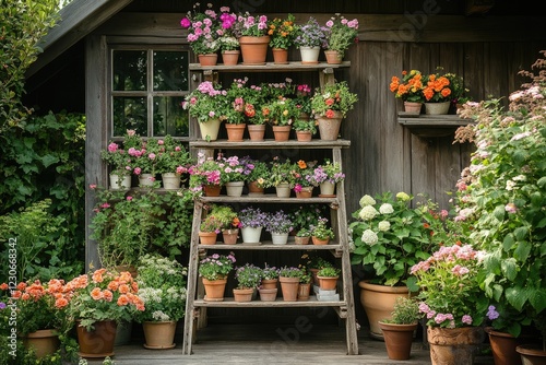 Fototapeta Naklejka Na Ścianę i Meble -  Blooming flowers decorating a rustic wooden ladder shelf in a garden