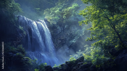 Serene Waterfall in Lush Forest, Misty Sunlight