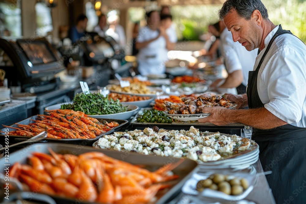 Obraz premium Chef arranging dishes on buffet table for a luxurious event