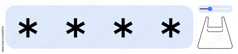 Four asterisks inside a blue rectangle represent password entry. Adjacent slider and a shopping bag icon imply secure online transactions. Ideal for security concepts, online privacy, authentication