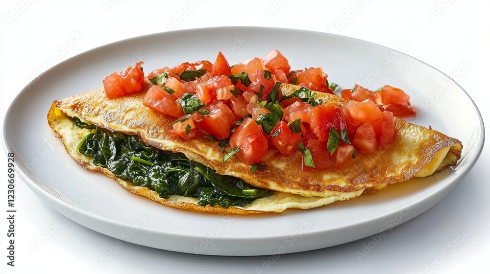 Savory omelette filled with fresh tomatoes and spinach, served on a white plate with empty space on the side for additional text or graphics. Savory omelette filled with fresh tomatoes and spinach, served on a white plate with empty space on the side for additional text or graphics.