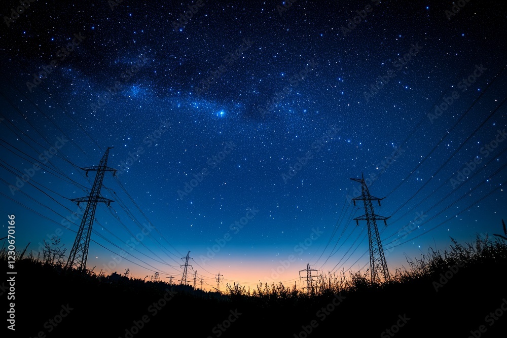 Obraz premium Night sky filled with stars over power lines at dusk in a remote area