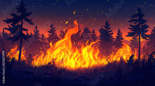 A blazing wildfire consuming everything in its path, wildfire, chaos. Blazing Path. Illustration