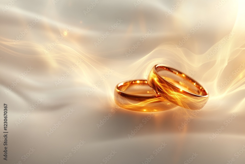 Elegant golden wedding rings resting on a soft, flowing surface illuminated by warm light