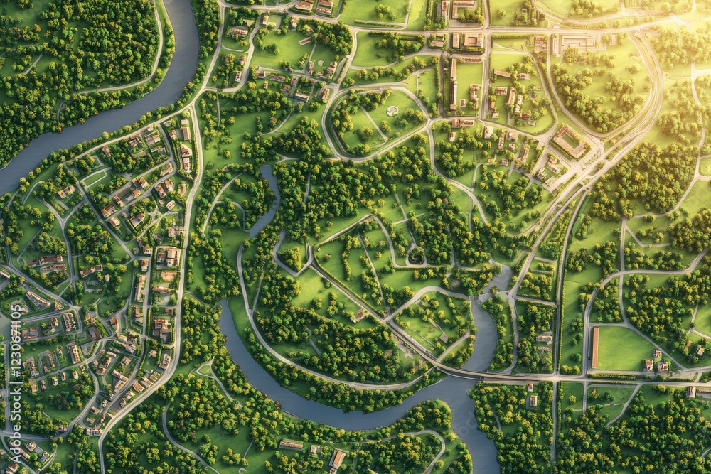 Obraz premium Scenic aerial view shows a lush green landscape with winding rivers and quaint neighborhoods under bright sunlight