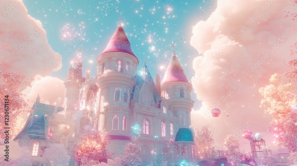 A Fairytale Castle Amidst Dreamlike Clouds and Blossoms A Fairytale Castle Amidst Dreamlike Clouds and Blossoms
