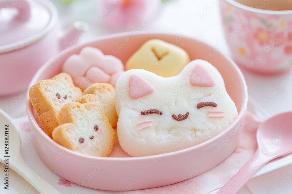 dreamy, pastel-hued bento box featuring soft pink paw-shaped mochi with a silky, dusted exterior, alongside an adorable sandwich shaped like a sleeping cat