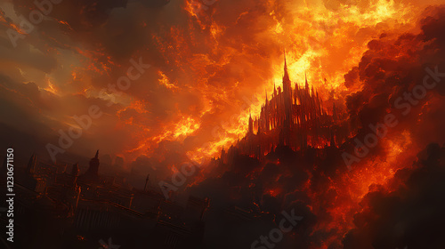 A massive wall of fire consuming everything in its path, destruction, blazing inferno, destruction path. Blazing Path. Illustration