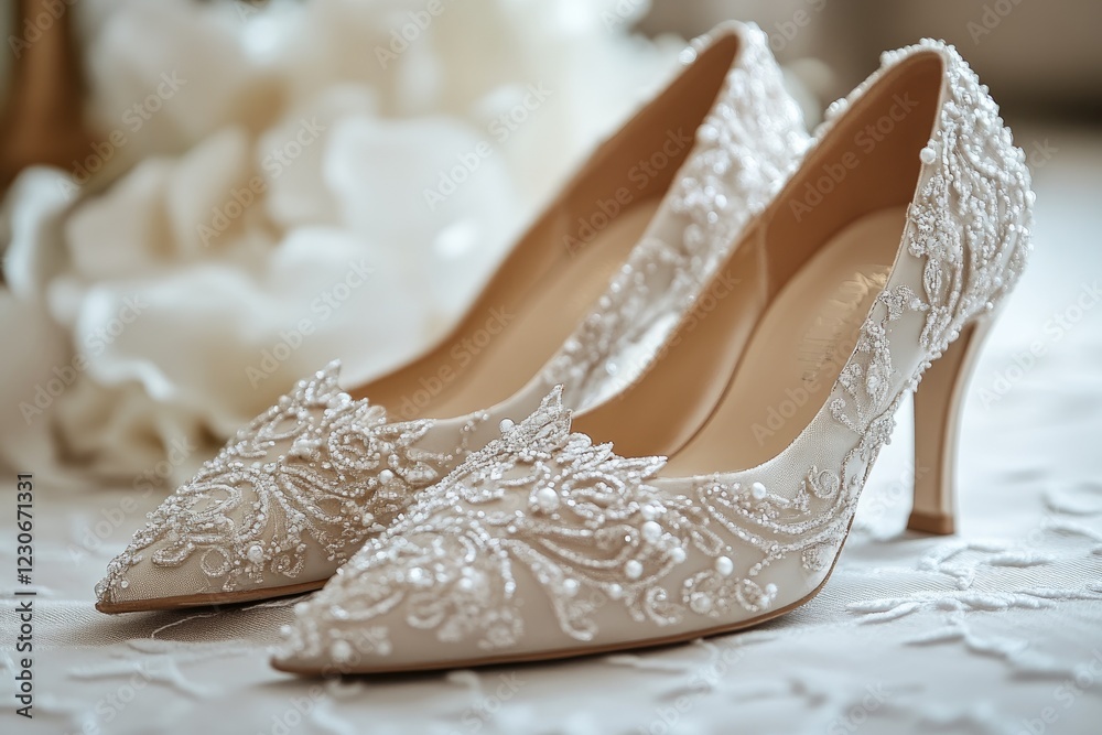 Obraz premium Elegant beige high heel wedding shoes with floral embroidery resting on delicate white fabric
