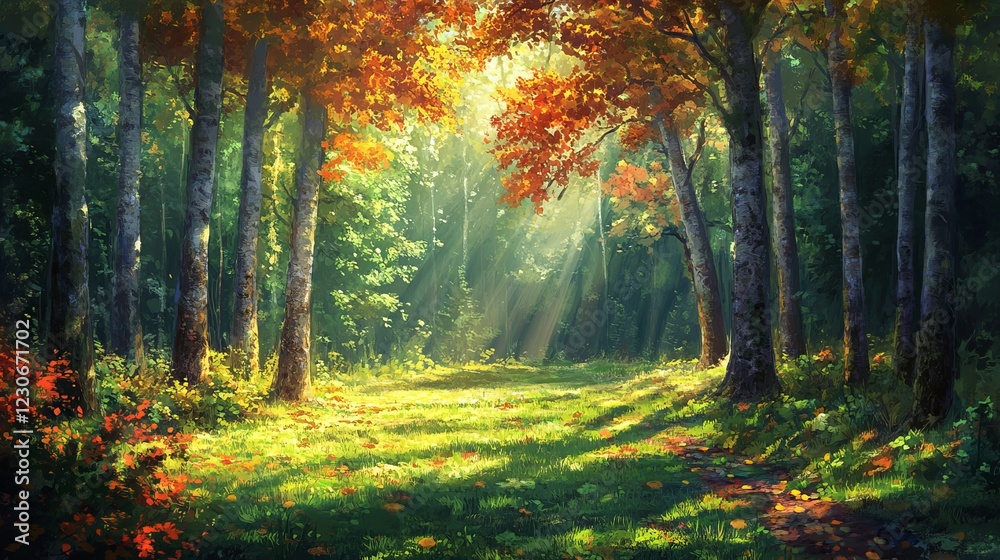 Fototapeta premium Strolling through a forest, I watched the sunlight peek through the trees. The ground was covered in a carpet of green grass and colorful leaves, with tall trees standing all around.
