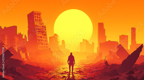 Wallpaper Mural A solitary figure walks through a desolate, post-apocalyptic cityscape at sunset. ruined buildings and cracked earth surround the lone wanderer, under a blazing orange sun. Blazing Path. Illustration Torontodigital.ca
