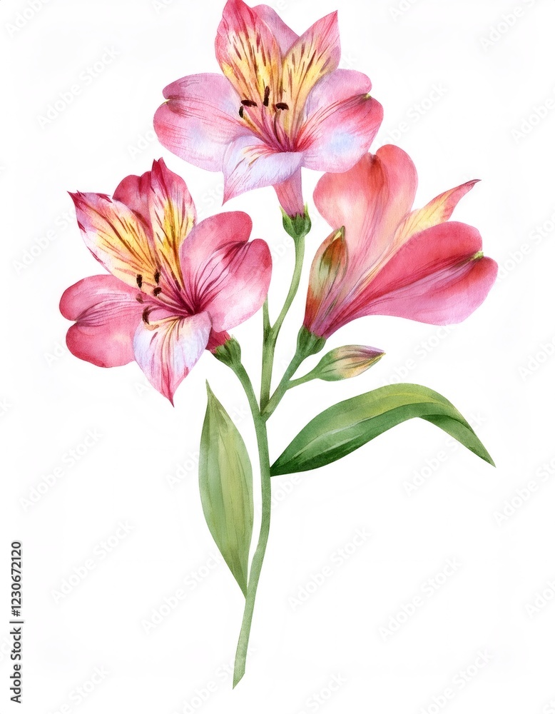 Naklejka premium Watercolor rendering pink alstroemeria blooming, yellow white striped petals against verdant green foliage
