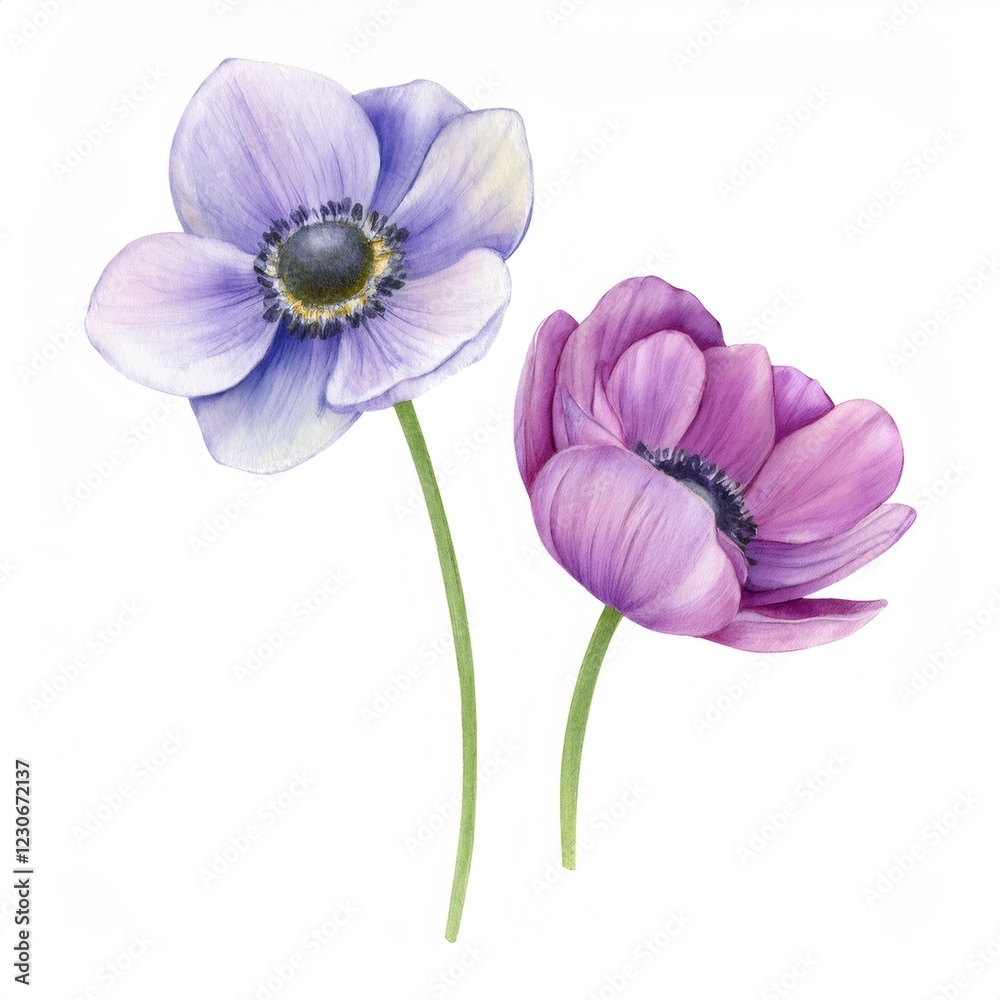 Fototapeta premium Watercolor rendering depicting delicate purple and lavender anemone blossoms, highlighting botanical softness and floral elegance