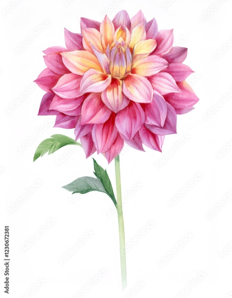 Obraz premium Vibrant watercolor dahlia blooming in delicate pink and yellow, displaying intricate petals against pristine white backdrop