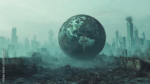 This striking image features a dark Earth suspended above ruined urban landscapes, shrouded in fog and smoke, evoking themes of environmental decay and dystopia.