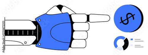 Robotic hand points towards dollar in a circle and segmented pie chart. Ideal for automation, technology advancements, financial growth, future predictions, economic analysis, data-driven decisions