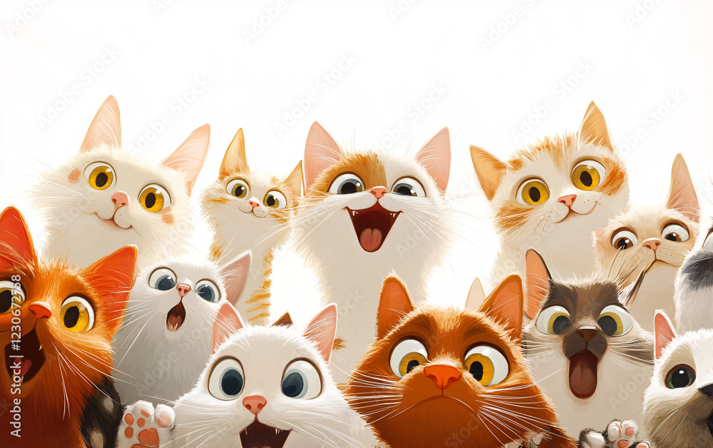 Fototapeta premium Group of Realistic and Cartoon Cats Standing in a Row on a White Background, Cute Feline Illustration with Stylized Expressions