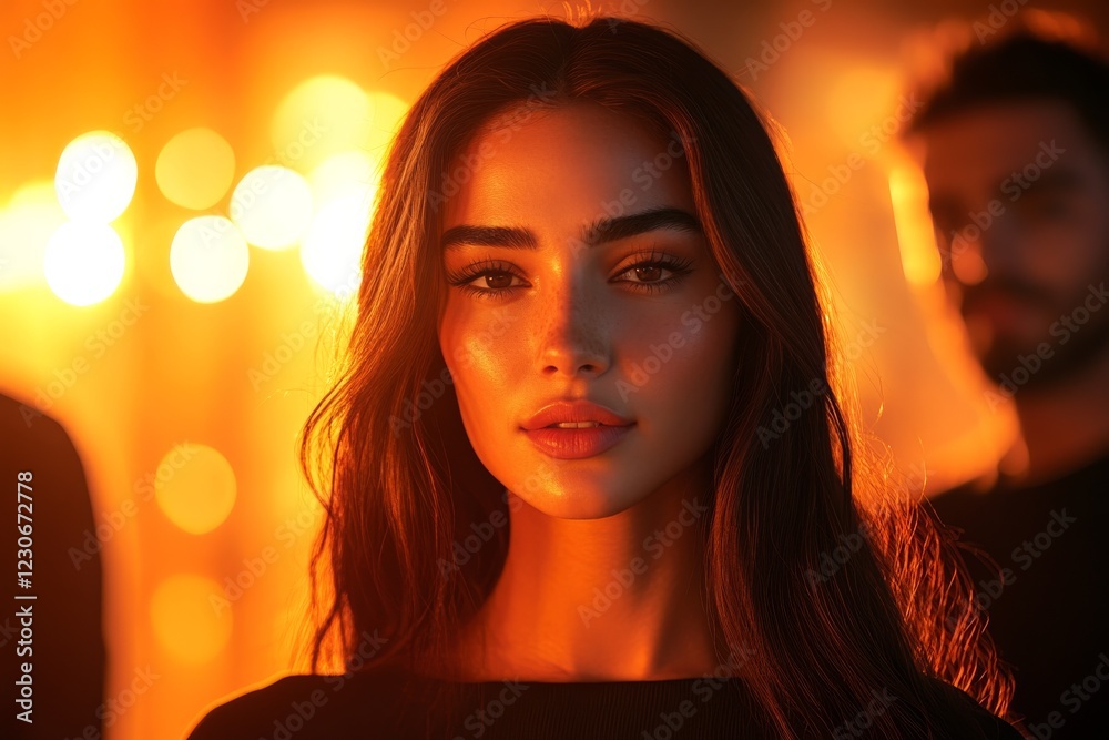 Portrait of a woman with glowing skin in warm, vibrant lighting during an evening gathering Portrait of a woman with glowing skin in warm, vibrant lighting during an evening gathering