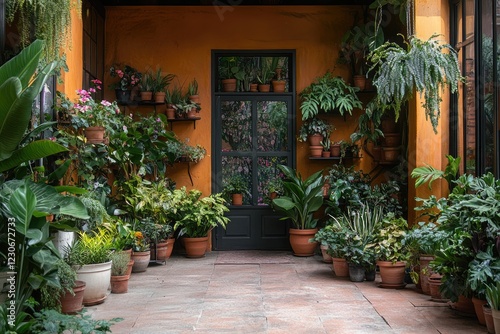 Many plants growing in terracotta pots in a greenhouse with orange walls
