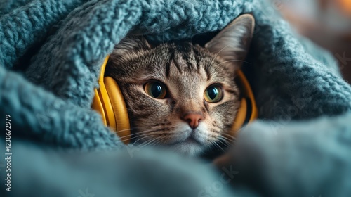 A curious cat, nestled comfortably in a cozy blanket, wears bright yellow headphones, embodying a delightful mix of curiosity and modernity in a gentle and inviting setting.