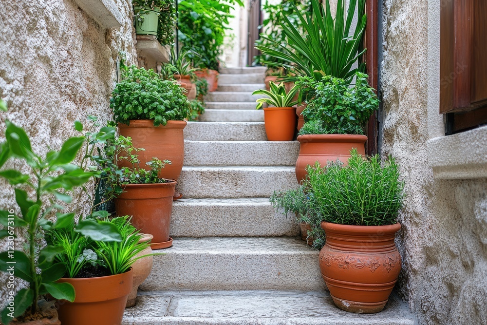 Flower pots decorating stone steps in a garden