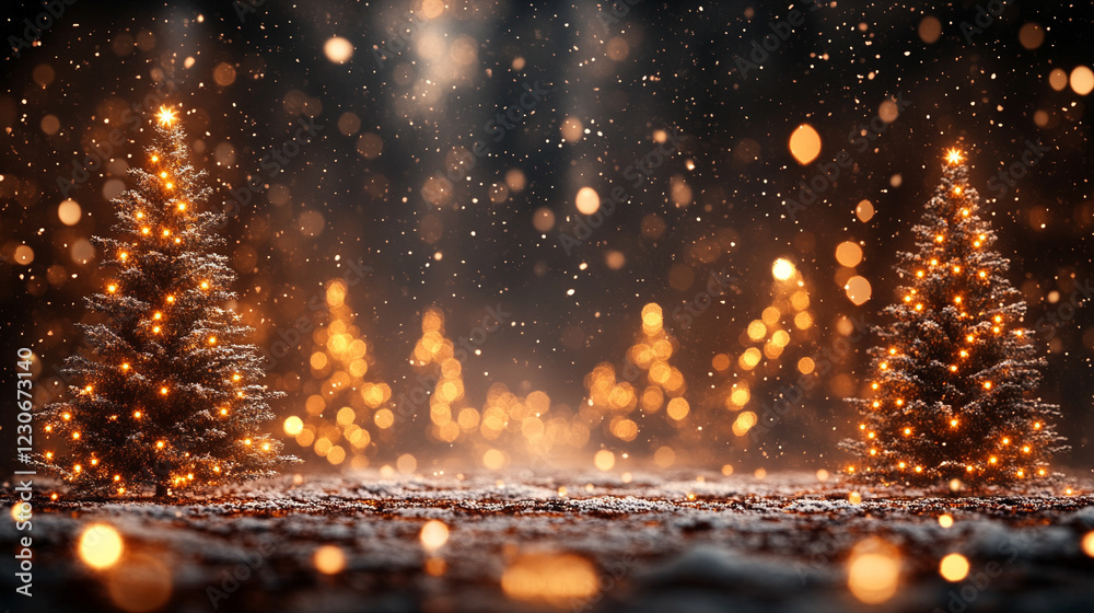 Naklejka premium Snow-covered fir trees in a winter forest at night creating a peaceful serene atmosphere with soft glowing lights in the background minimalistic empty space on the side for text caption