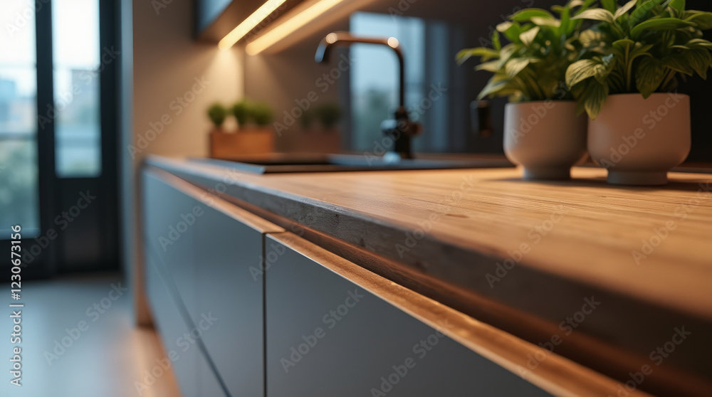 Close-Up View of a Sleek Engineered Wooden Countertop with a Matte Finish and Touch-Activated Lighting Close-Up View of a Sleek Engineered Wooden Countertop with a Matte Finish and Touch-Activated Lighting