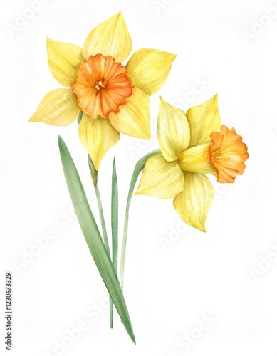 Watercolor daffodils blooming with vibrant yellow petals, revealing delicate orange centers against soft white background, embodying seasonal renewal