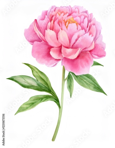 Delicate pink peony blossom with lush green leaves, a watercolor illustration capturing the beauty of nature