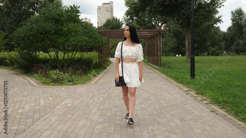 Young woman with long dark hair in a white dress walks along the road in the summer park. The woman holds a dark handbag in her hands. Slow motion portrait of a brunette woman