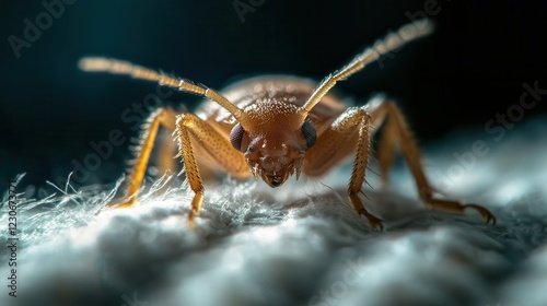 This intriguing macro shot captures a cockroach on a fabric surface, revealing its detailed features and the textures of both the insect and the surroundings. photo