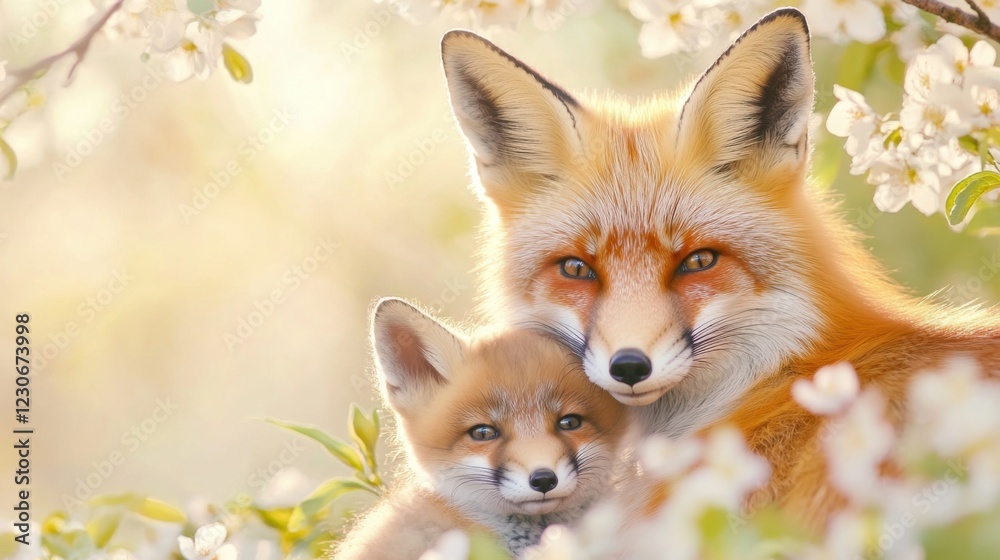 Obraz premium Mother fox nuzzles her tiny kits in a sunlit forest glade filled with spring blooms and soft grasses