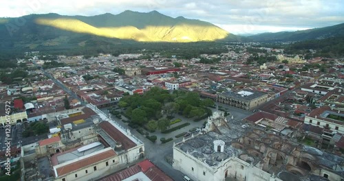 Antigua City in Guatemala. Beautiful Old Town and Downtown. Drone Point of View. Sightseeing