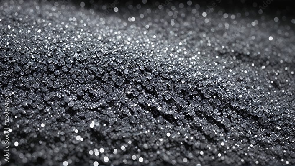 Closeup of water droplets on a rough black surface with an asphalt texture Closeup of water droplets on a rough black surface with an asphalt texture