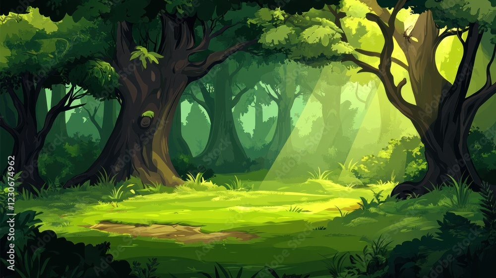 Naklejka premium Sunlit Forest Clearing Lush Green Trees Nature