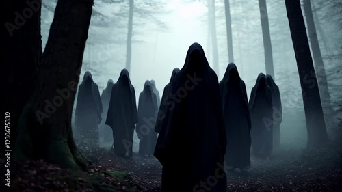 silhouettes of hooded cloaks peoples in cult robes, unrecognizable people, mysterious stranger,secret sect.immersive spooky Halloween, captivating, mysterious atmosphere, cloudy mist fog.Generative Ai