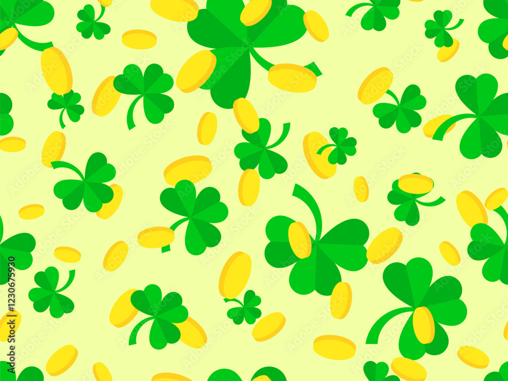 Clover leaves and golden coins seamless pattern for St. Patrick's Day. Shamrock clover is a symbol of good luck. Design for covers, wrappers, wallpapers and banners. Vector illustration