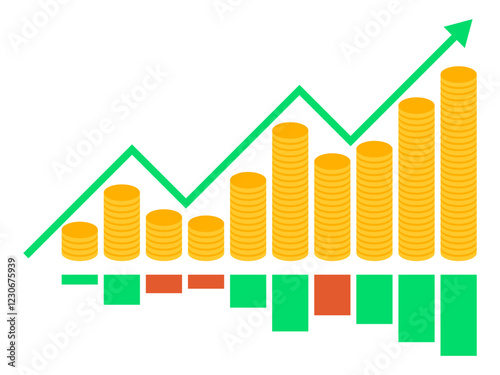 Arrow up and gold coins. Upward economic growth indicator. Growth and volatility indicator. Stock market growth. Trading cryptocurrency, stocks and bonds. Banner and poster design. Vector illustration