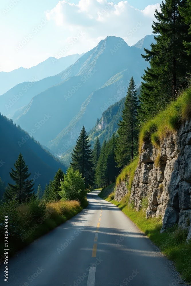 Narrow paved road, steep incline, forested mountains, trees, travel, incline Narrow paved road, steep incline, forested mountains, trees, travel, incline