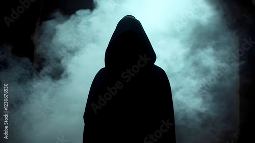 silhouettes of hooded cloaks peoples in cult robes, unrecognizable people, mysterious stranger,secret sect.immersive spooky Halloween, captivating, mysterious atmosphere, cloudy mist fog.Generative Ai