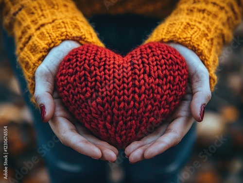 Woman holding knitted red heart in autumn setting
