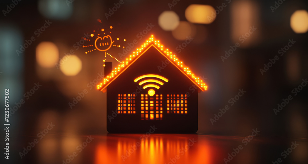 Small house illuminated by warm orange arc light representing connectivity and comfort at dusk Small house illuminated by warm orange arc light representing connectivity and comfort at dusk