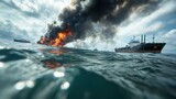 A burning tanker at sea releases a thick plume of smoke, highlighting the catastrophic consequences of maritime disasters and their impact on marine environments.