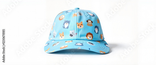 Cute blue children's cap with cartoon animals pattern, playful design photo