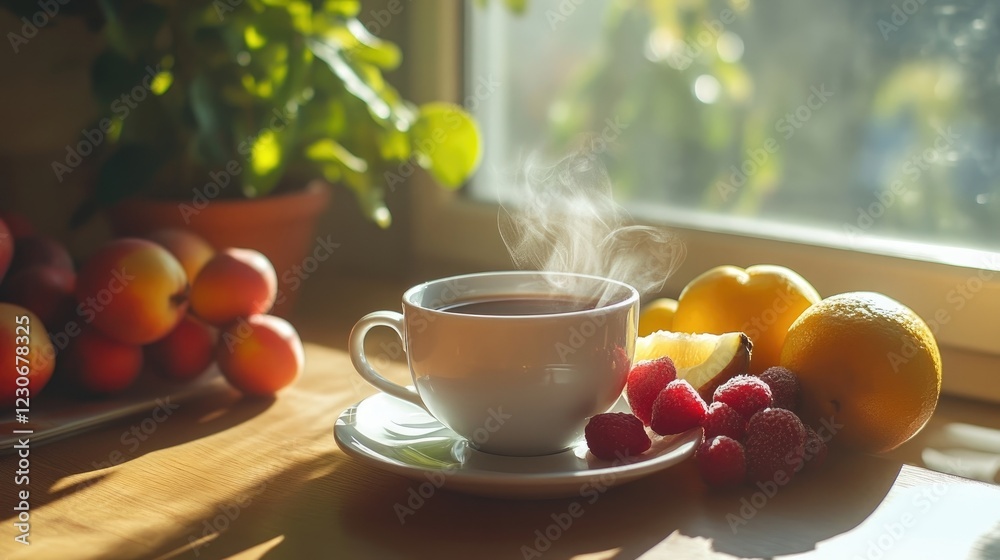A cozy breakfast scene featuring fresh fruits and steaming coffee on a sunny table A cozy breakfast scene featuring fresh fruits and steaming coffee on a sunny table