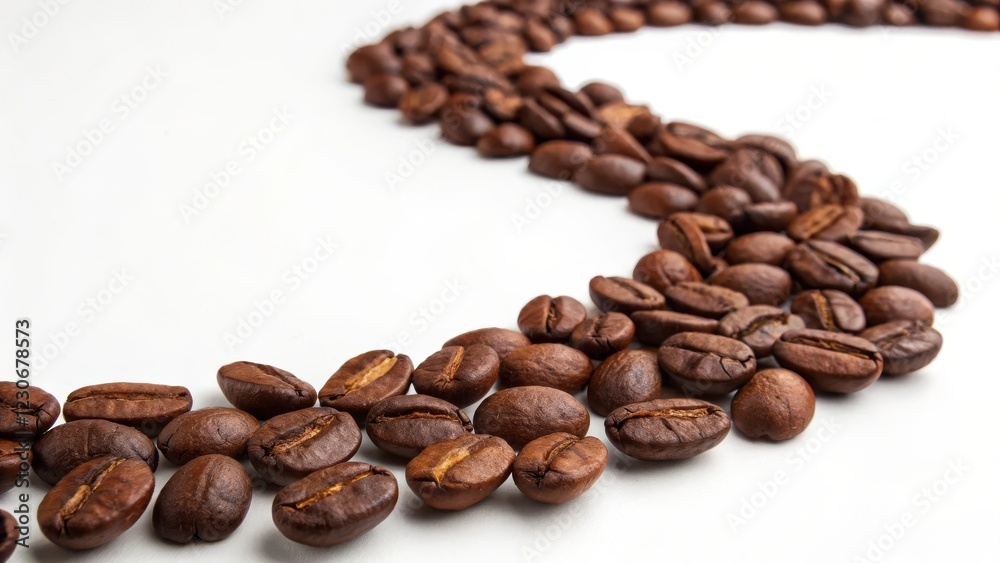 Obraz premium Roasted coffee beans arranged in a wavy line against a white background. 